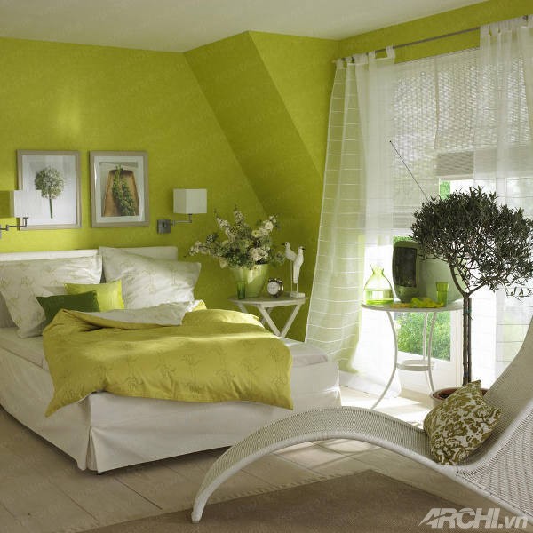 Phòng ngủ mát mắt với tường màu xanh lá | ảnh 1